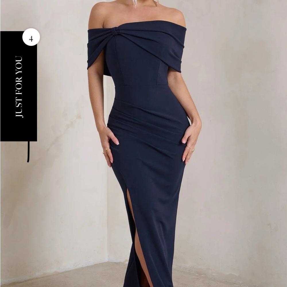 NAVY BARDOT BOW DETAIL MAXI DRESS WITH THIGH SPLIT